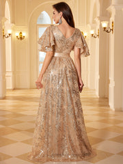 Nude Champagne Glitter Floral V Neck Flutter Sleeve Long Prom Dress