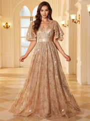 Nude Champagne Glitter Floral V Neck Flutter Sleeve Long Prom Dress