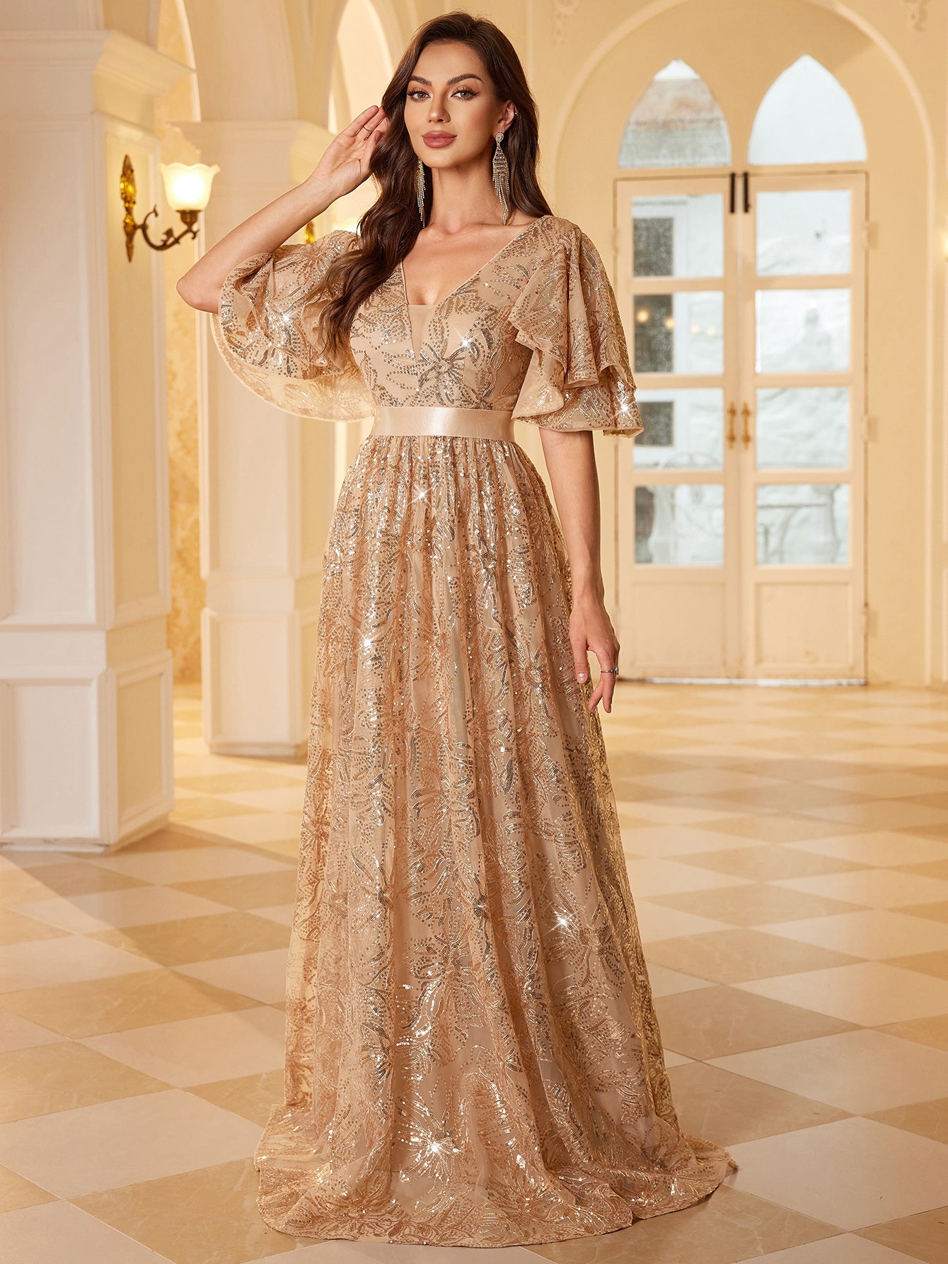 Nude Champagne Glitter Floral V Neck Flutter Sleeve Long Prom Dress