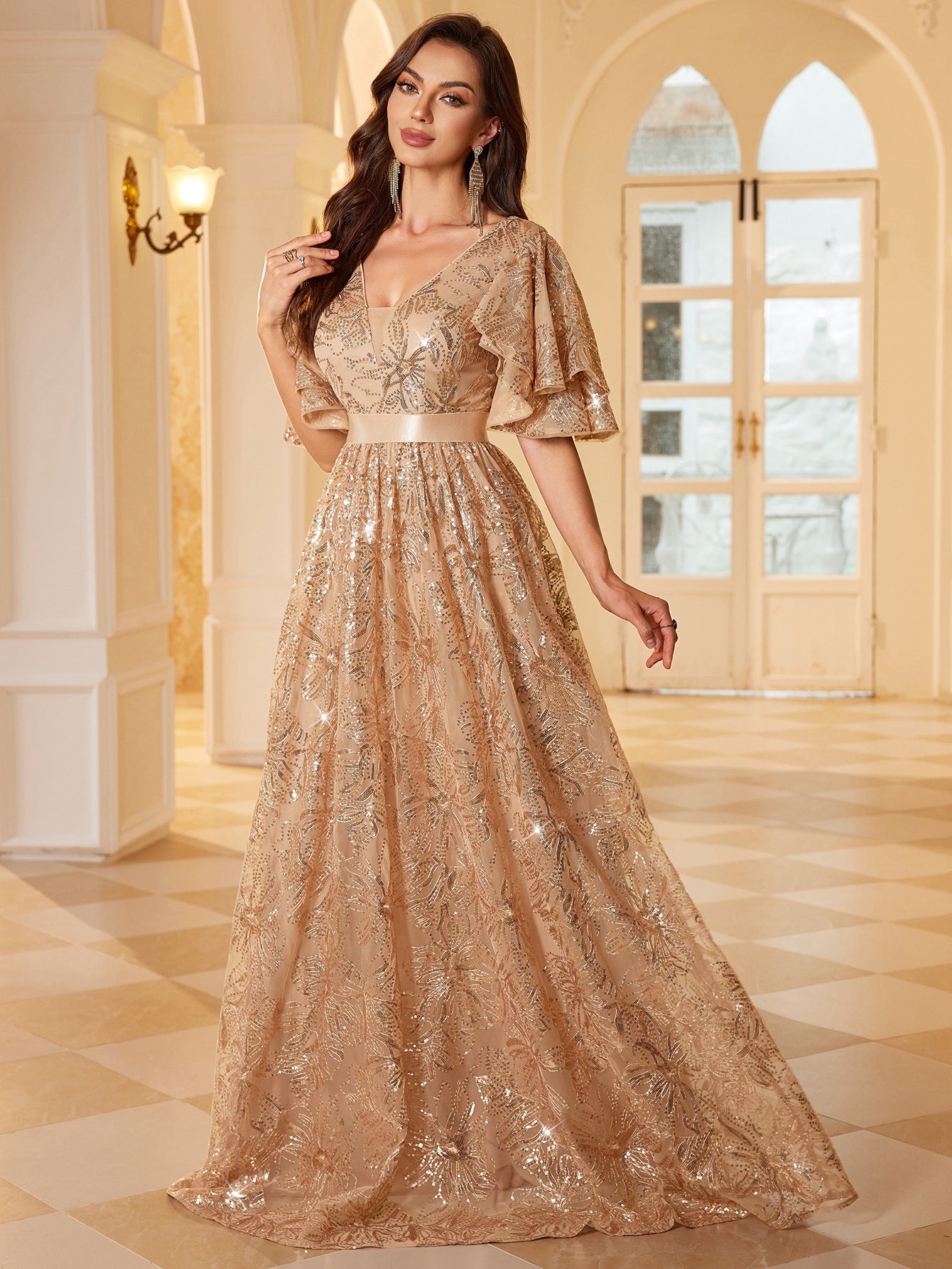 Nude Champagne Glitter Floral V Neck Flutter Sleeve Long Prom Dress
