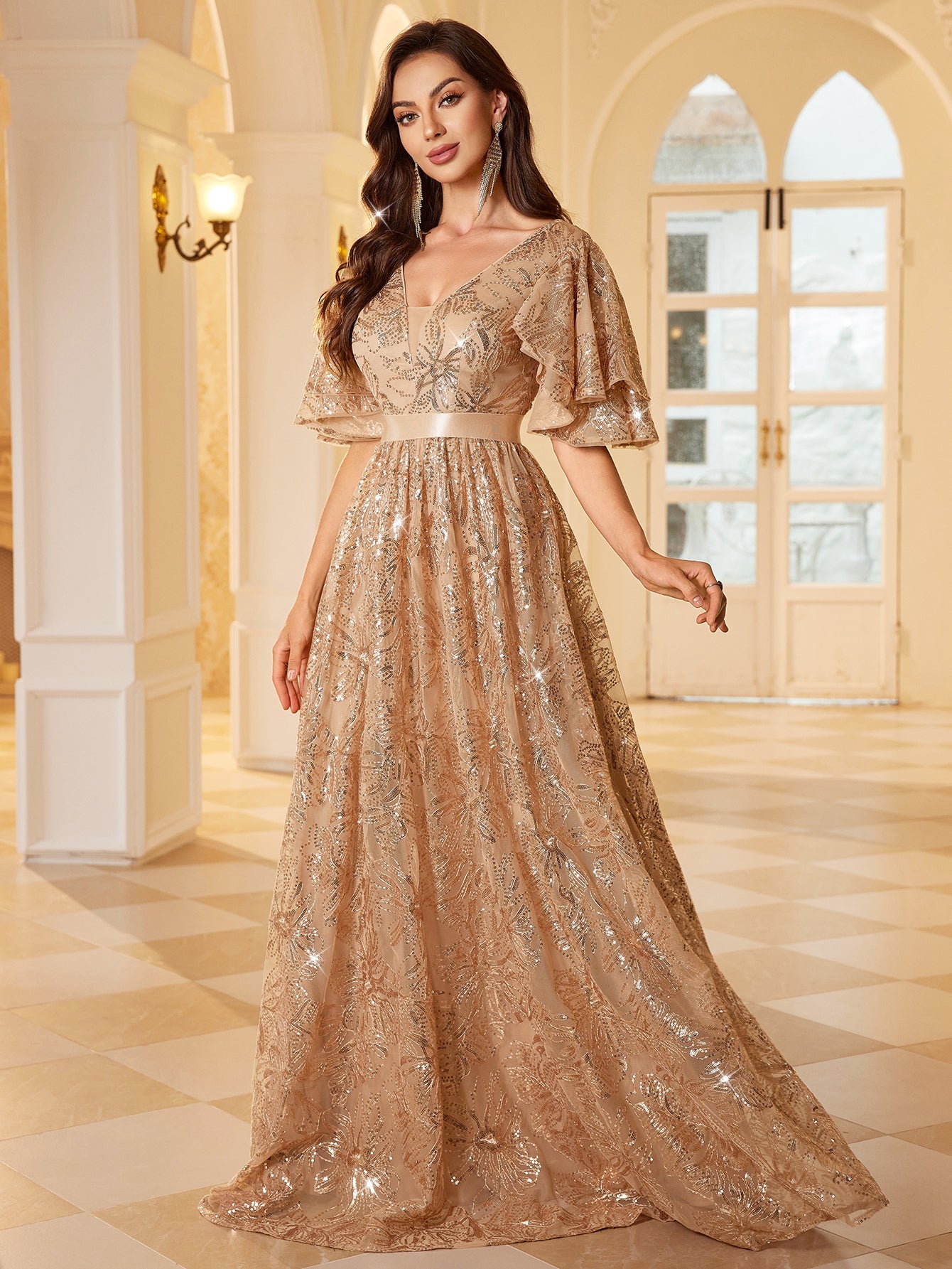 Nude Champagne Glitter Floral V Neck Flutter Sleeve Long Prom Dress