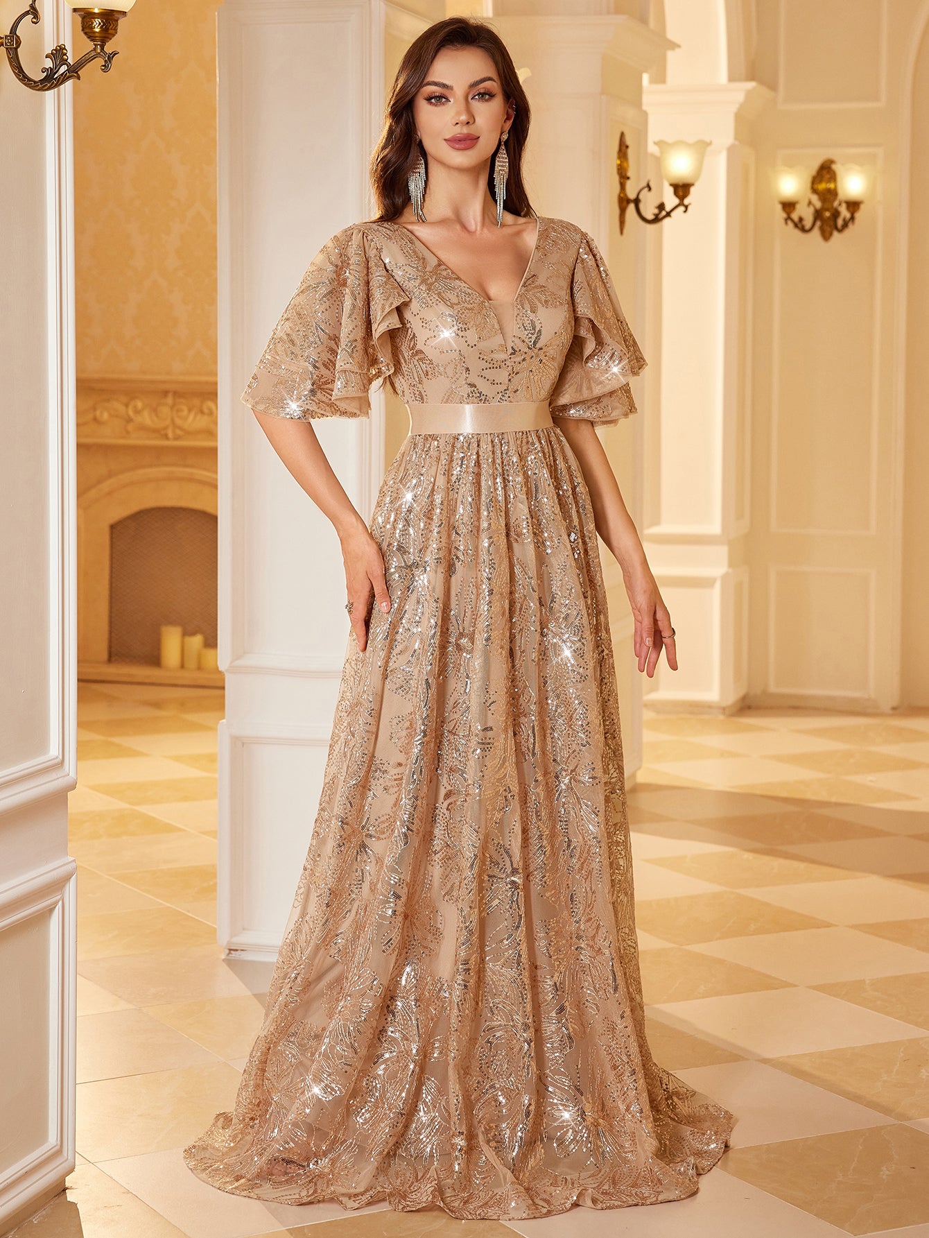Nude Champagne Glitter Floral V Neck Flutter Sleeve Long Prom Dress