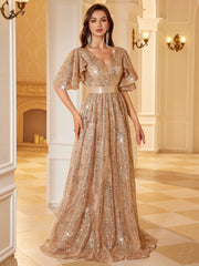 Nude Champagne Glitter Floral V Neck Flutter Sleeve Long Prom Dress
