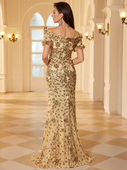 Champagne Gold Floral Sequin Ruffle Cap Sleeve Formal Dress