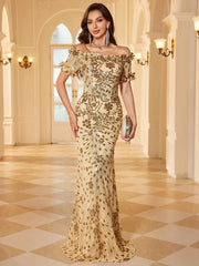 Champagne Gold Floral Sequin Ruffle Cap Sleeve Formal Dress