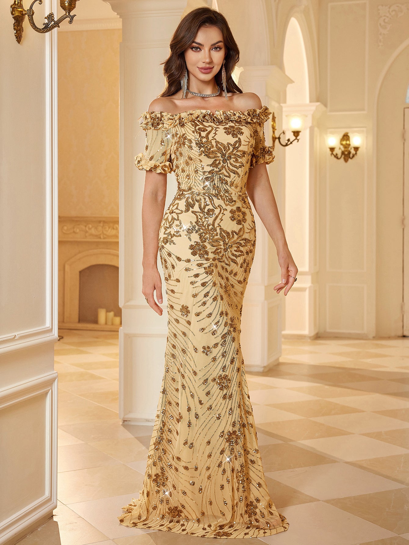 Champagne Gold Floral Sequin Ruffle Cap Sleeve Formal Dress