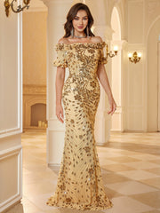 Champagne Gold Floral Sequin Ruffle Cap Sleeve Formal Dress
