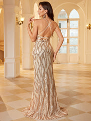 Nude Rose Gold Wave Sequin Spaghetti Strap Mermaid Evening Gown