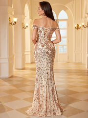 Champagne Gold Sequin Embroidery Off Shoulder Mermaid Evening Gown
