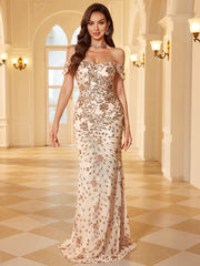 Champagne Gold Sequin Embroidery Off Shoulder Mermaid Evening Gown