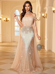 Champagne Nude Gradient Sequin Off Shoulder Mermaid Evening Gown