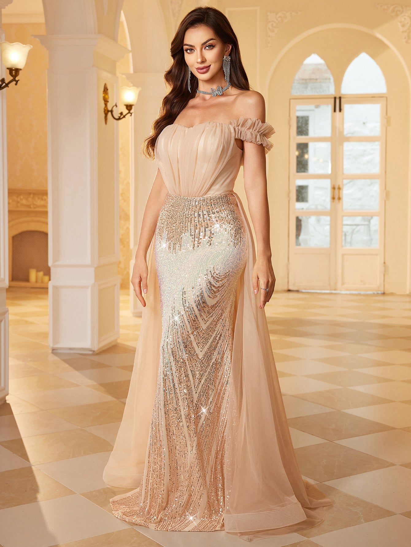 Champagne Nude Gradient Sequin Off Shoulder Mermaid Evening Gown