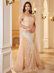Champagne Nude Gradient Sequin Off Shoulder Mermaid Evening Gown