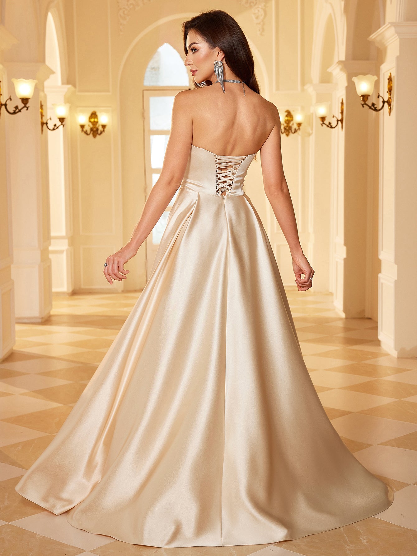 Cream Champagne Asymmetrical Mesh Sleeve A Line Evening Gown