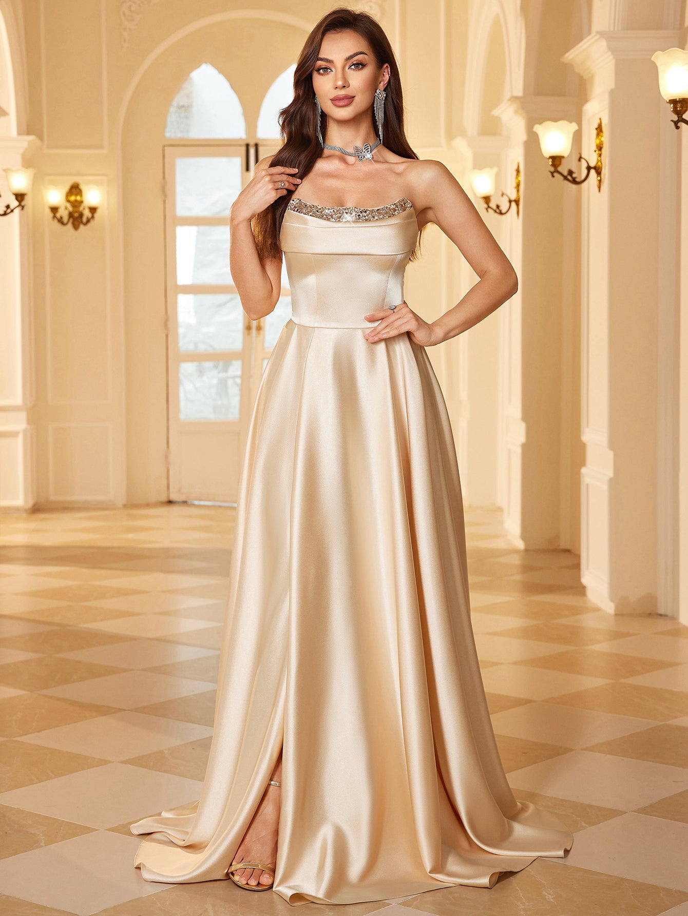 Cream Champagne Asymmetrical Mesh Sleeve A Line Evening Gown