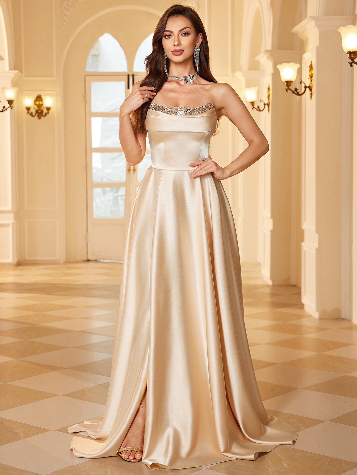 Cream Champagne Asymmetrical Mesh Sleeve A Line Evening Gown