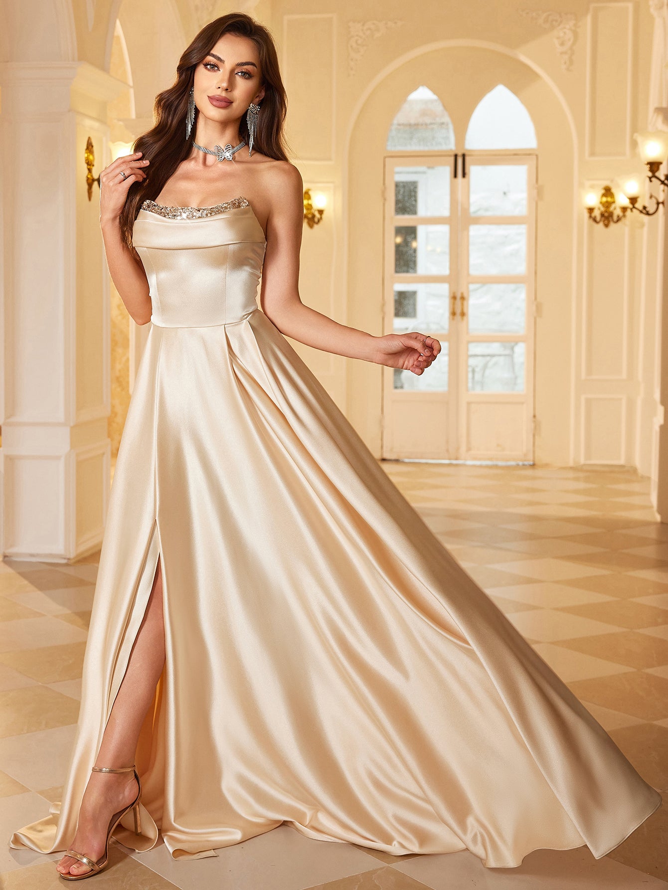 Cream Champagne Asymmetrical Mesh Sleeve A Line Evening Gown