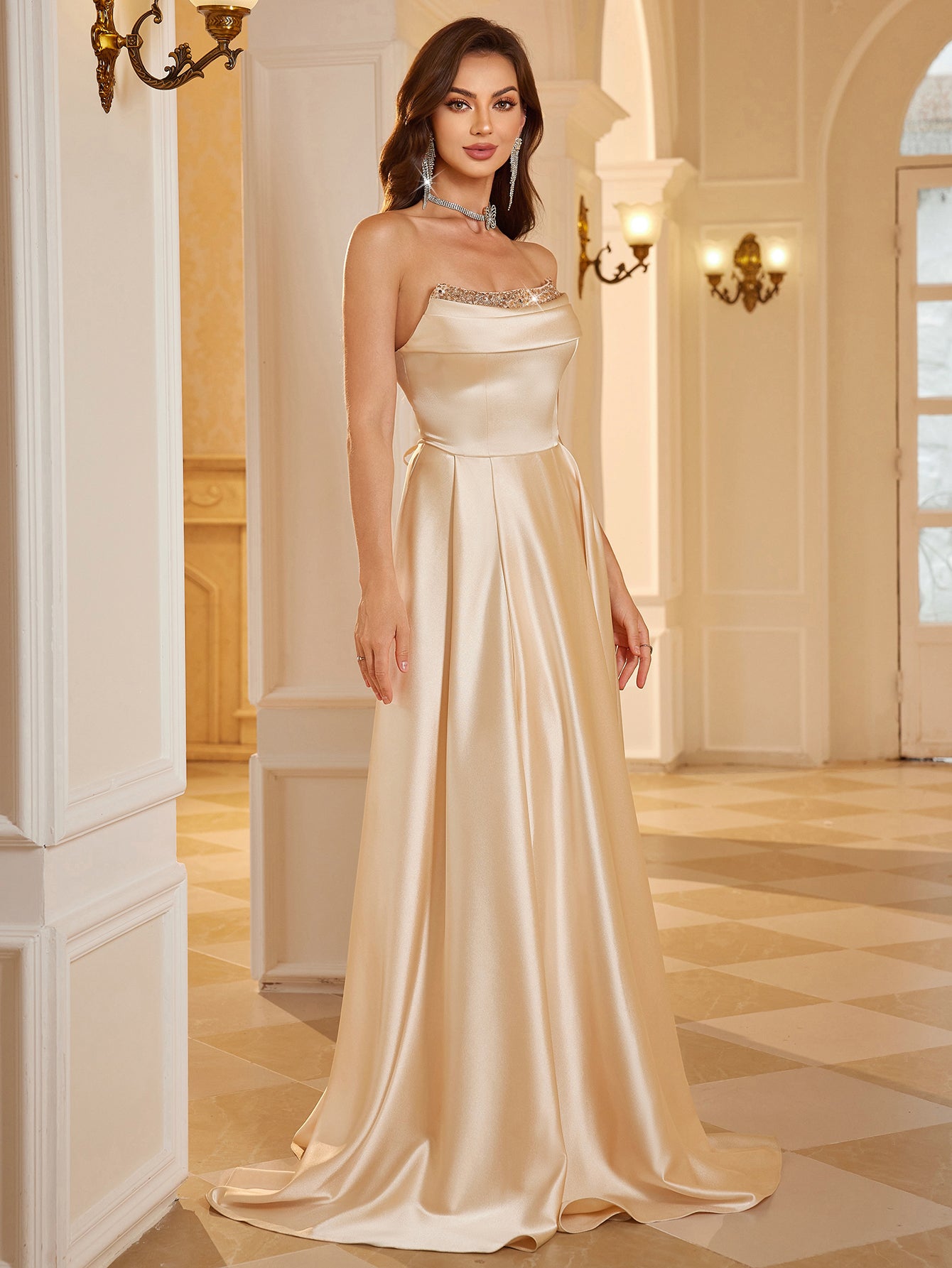 Cream Champagne Asymmetrical Mesh Sleeve A Line Evening Gown