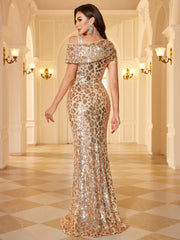 Champagne Gold Floral Sequin Asymmetric One Shoulder Mermaid Evening Gown