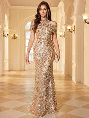 Champagne Gold Floral Sequin Asymmetric One Shoulder Mermaid Evening Gown