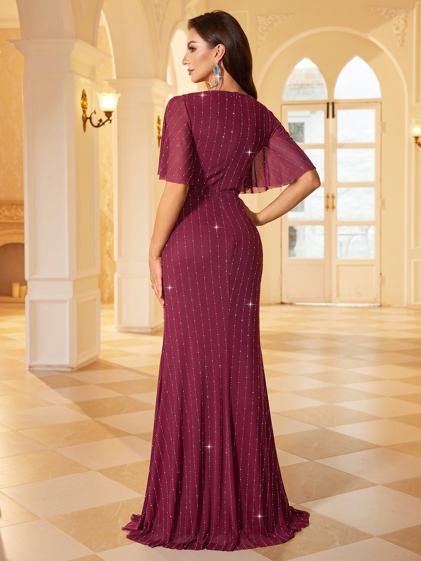 Burgundy Rhinestone Flutter Sleeve Mermaid Evening Gown