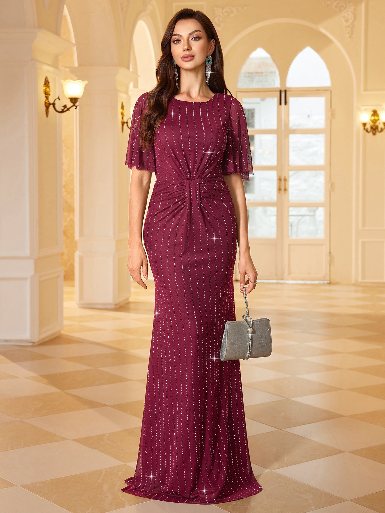 Burgundy Rhinestone Flutter Sleeve Mermaid Evening Gown