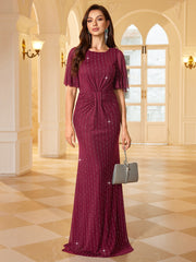 Burgundy Rhinestone Flutter Sleeve Mermaid Evening Gown