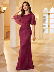 Burgundy Rhinestone Flutter Sleeve Mermaid Evening Gown