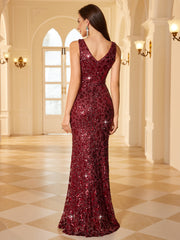 Burgundy Sequin Surplice V Neck High Slit Mermaid Evening Dress