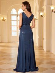 Navy Blue Rhinestone Strap V Neck High Waist A Line Evening Gown