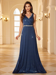 Navy Blue Rhinestone Strap V Neck High Waist A Line Evening Gown