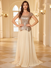 Champagne Gold Sequin Pleated Square Neck Maxi Evening Dress