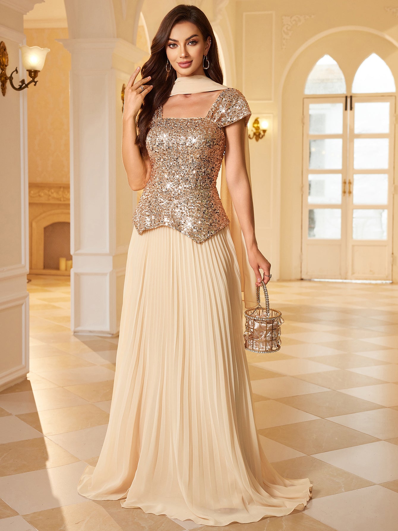 Champagne Gold Sequin Pleated Square Neck Maxi Evening Dress