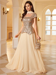 Champagne Gold Sequin Pleated Square Neck Maxi Evening Dress