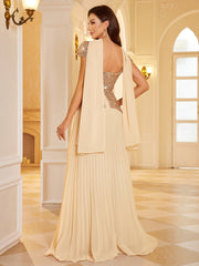 Champagne Gold Sequin Pleated Square Neck Maxi Evening Dress