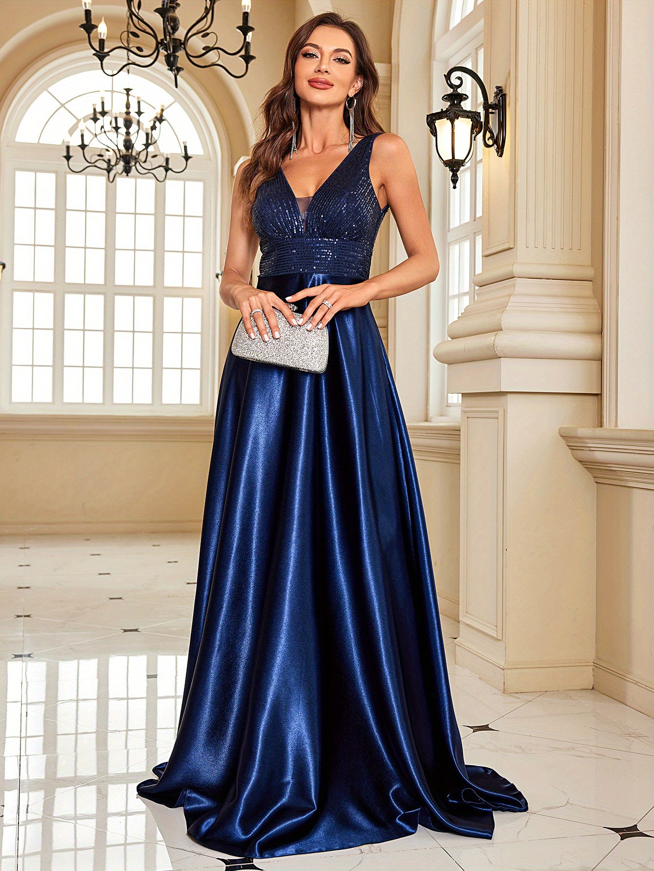 Sequin Sleeveless Bridesmaid Dress, Elegant V-neck Floor Length Dress | XUIBOL