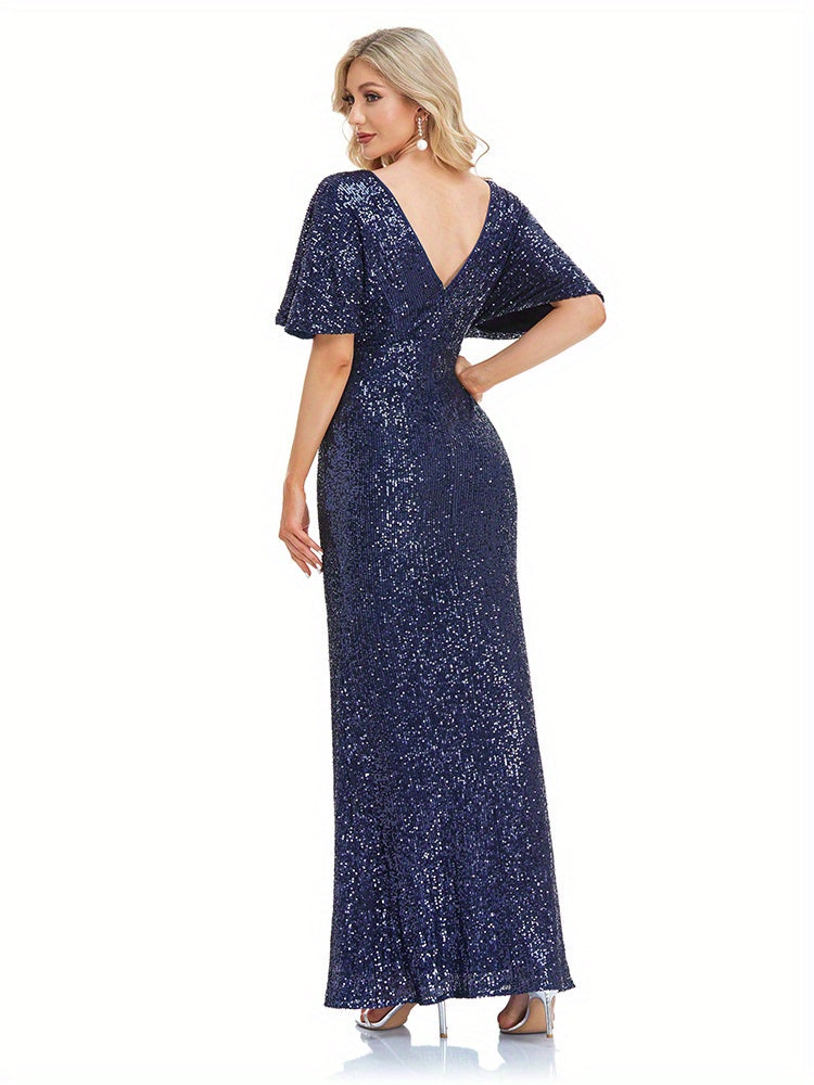 Solid Sequin Mother Of The Bride Dresses, Elegant Surplice Neck Short Sleeve Maxi Dress For Wedding Party | XUIBOL