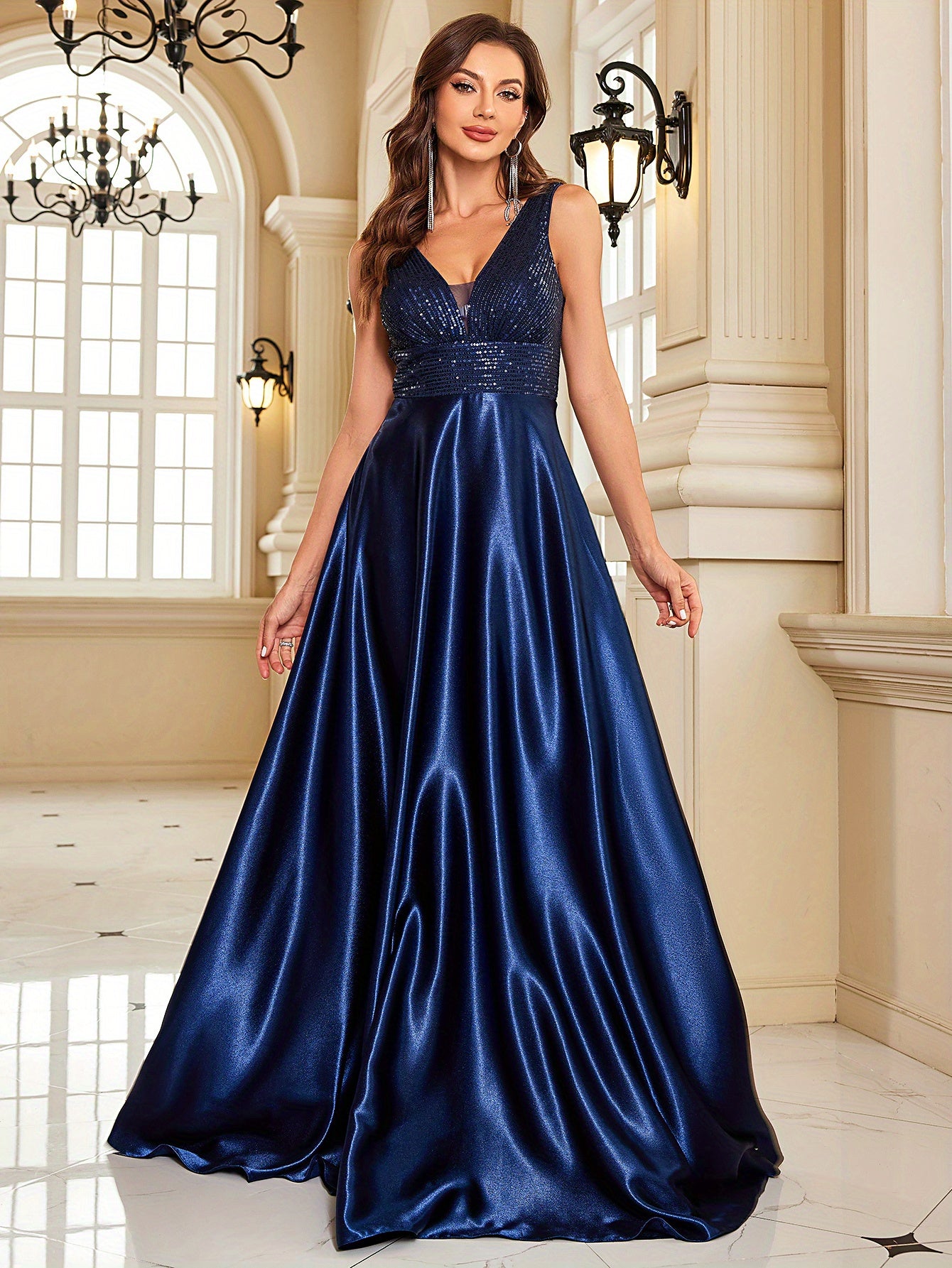 Sequin Sleeveless Bridesmaid Dress, Elegant V-neck Floor Length Dress For Wedding Party | XUIBOL