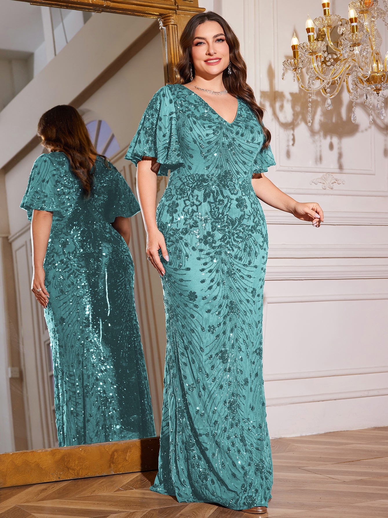 Royal Blue Sequin Flutter Sleeve Mermaid Evening Gown