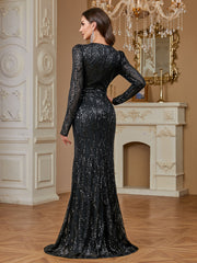 Black Sequin Square Neck Long Sleeve Mermaid Floor Length Evening Gown