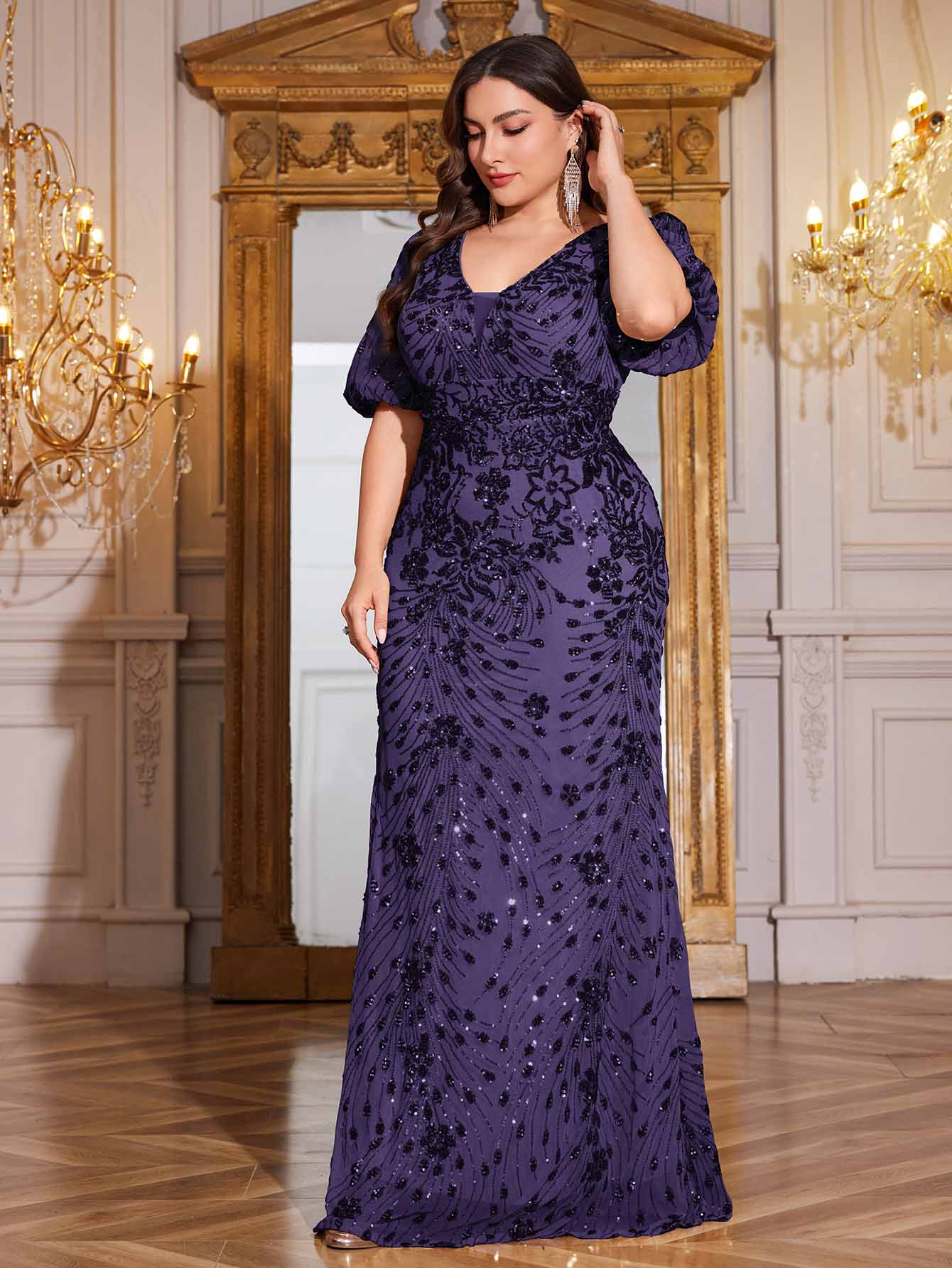 Navy Blue Sequin Puff Short Sleeve Mermaid Plus Size Evening Gown
