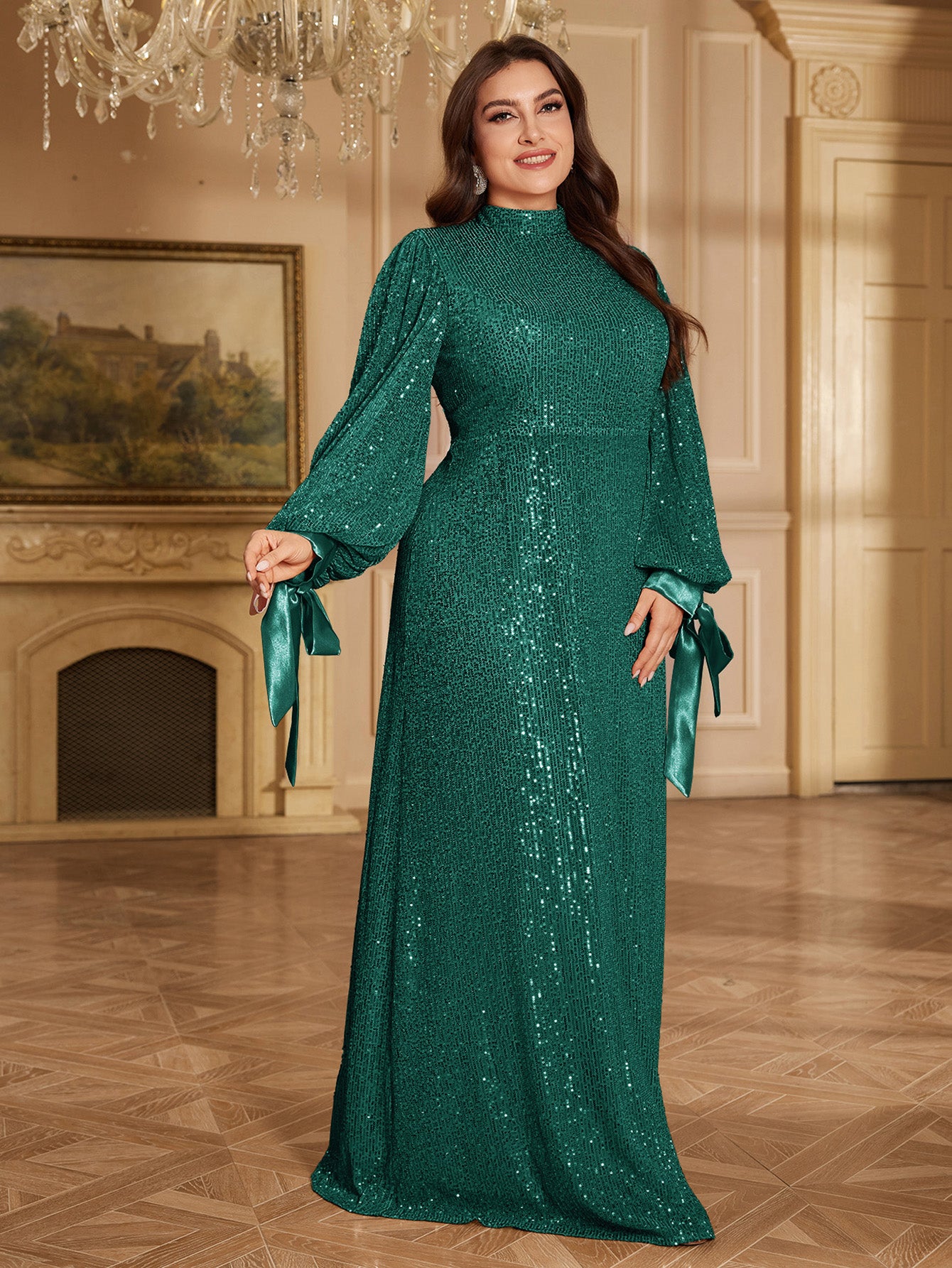 Champagne Bronze Floral Sequin Asymmetric Sleeve Mermaid Evening Gown