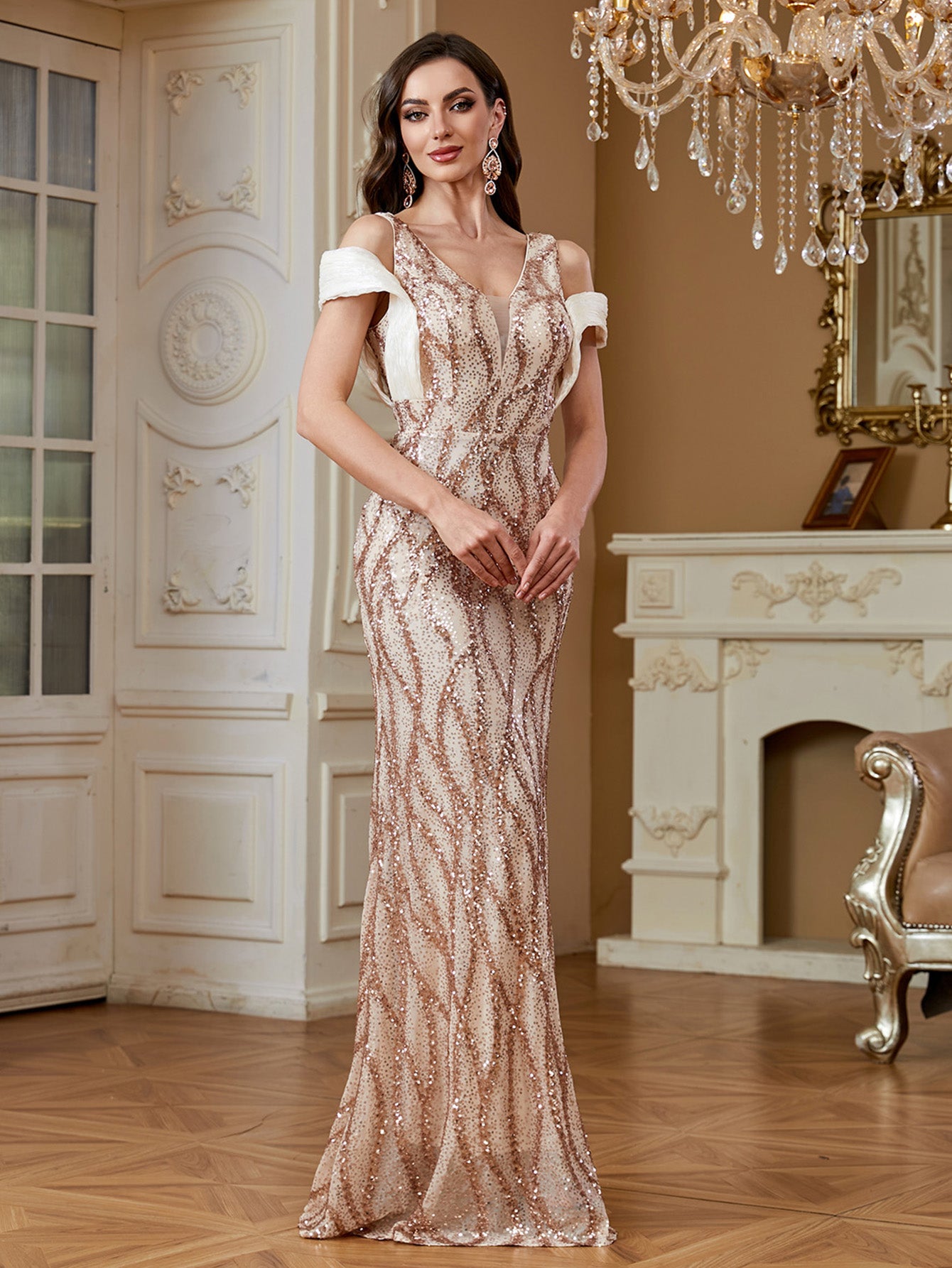 Champagne Rose Gold Wave Sequin Deep V Mermaid Formal Dress