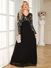 Black Floral Embroidery V‑Neck Long Sleeve A‑Line Evening Gown