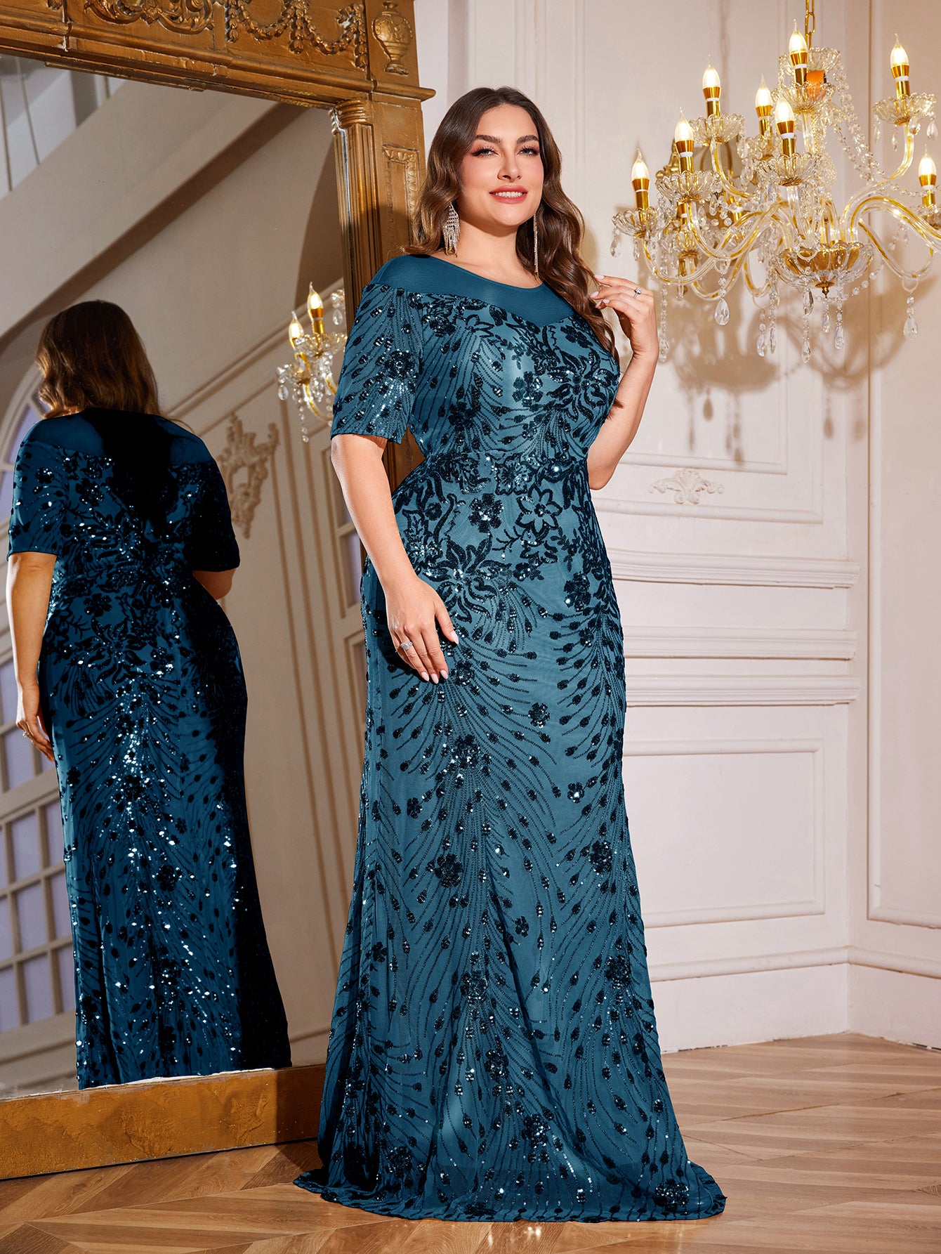 Teal Green Sequin Short Sleeve Mermaid Plus Size Evening Gown