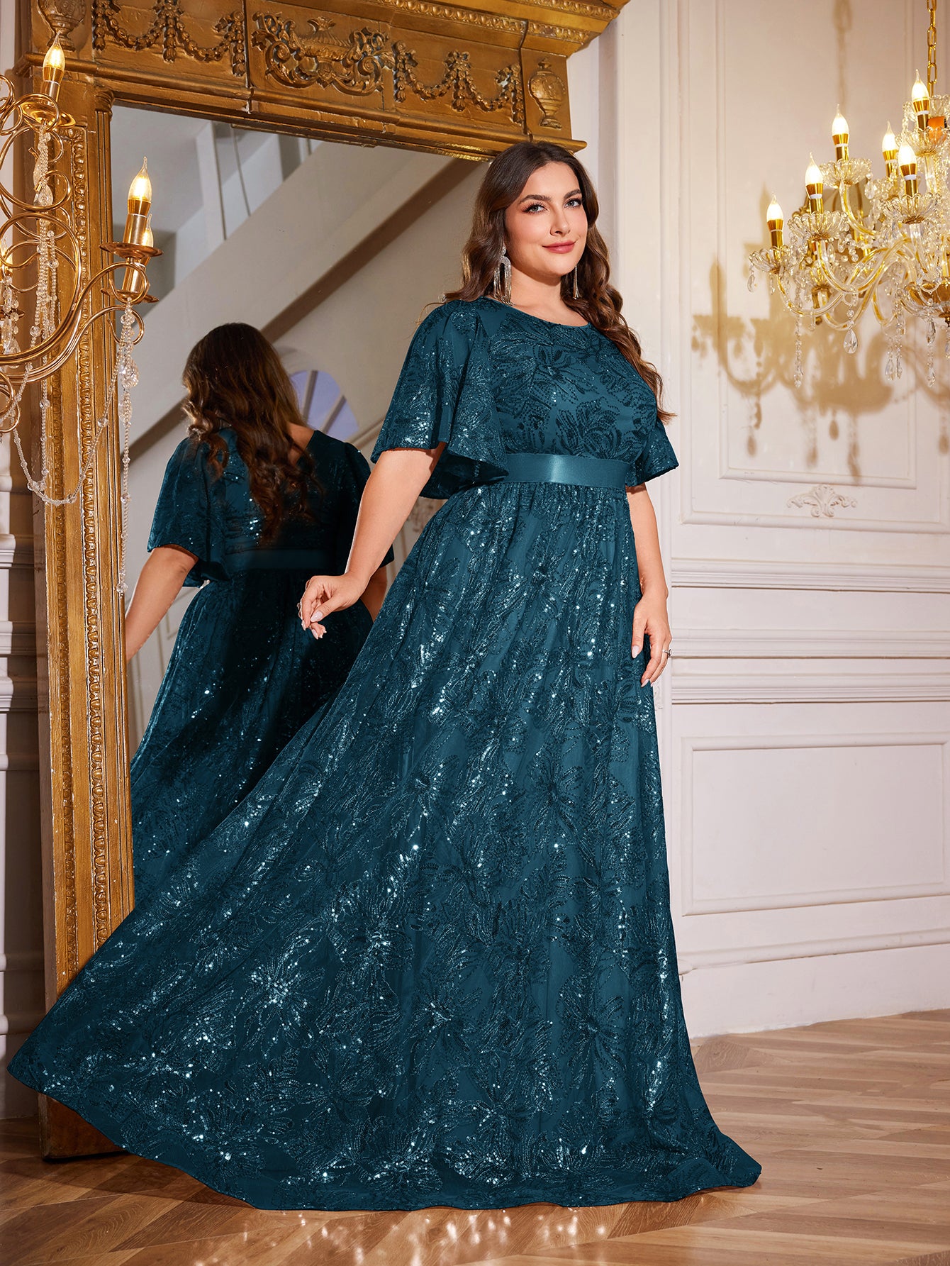 Rose Gold Sequin Flutter Sleeve Empire Waist A‑Line Plus Size Evening Gown