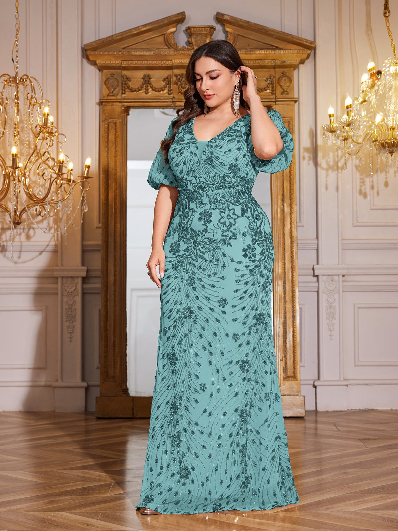 Navy Blue Sequin Puff Short Sleeve Mermaid Plus Size Evening Gown