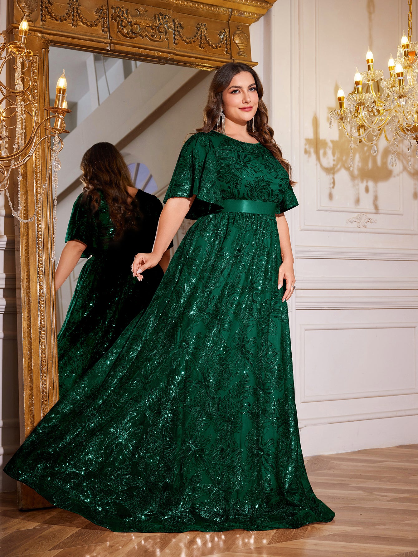 Rose Gold Sequin Flutter Sleeve Empire Waist A‑Line Plus Size Evening Gown