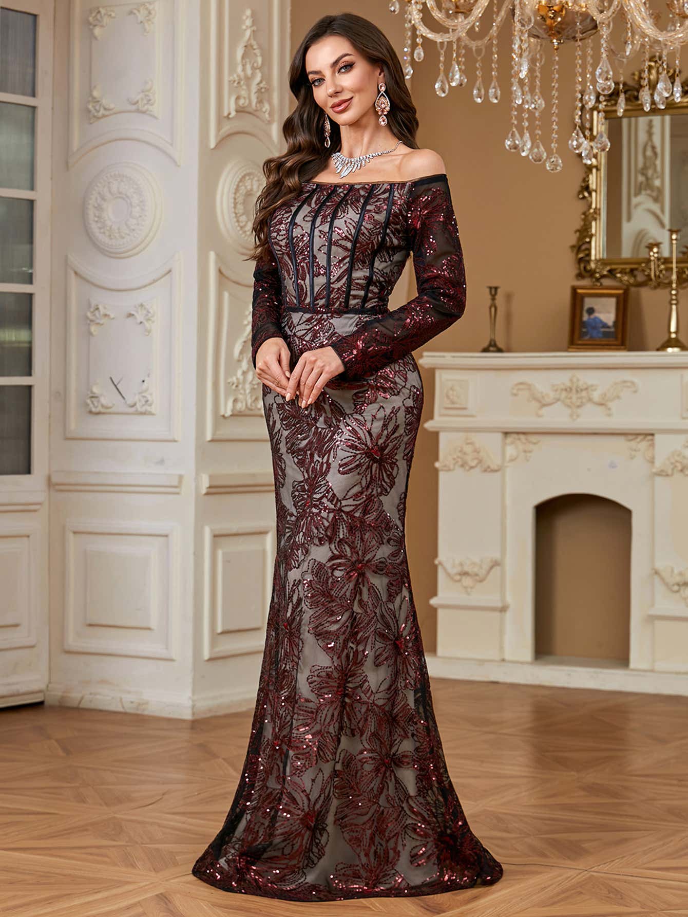 Burgundy Sequin Corset Off Shoulder Mermaid Evening Gown