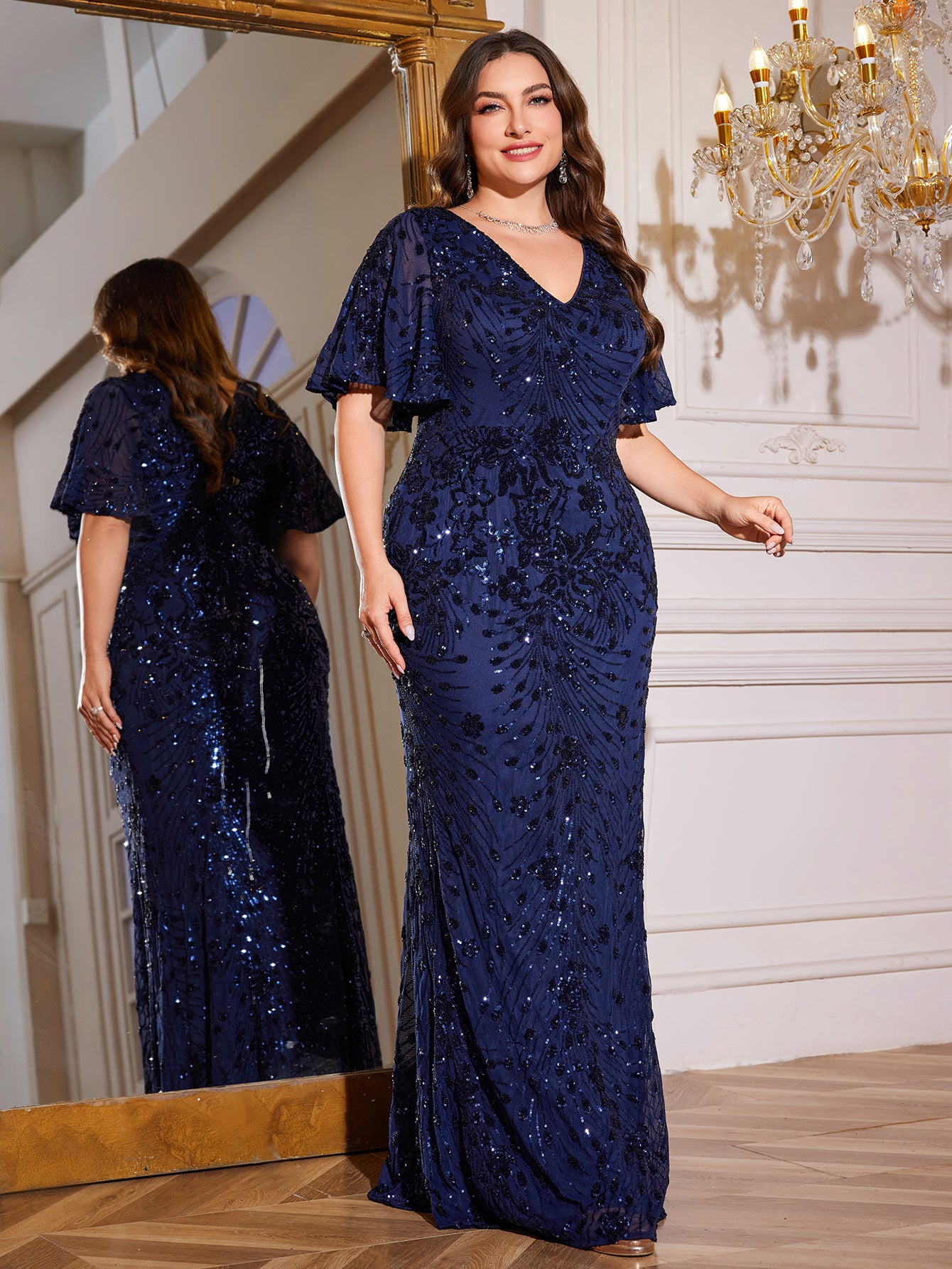 Royal Blue Sequin Flutter Sleeve Mermaid Evening Gown